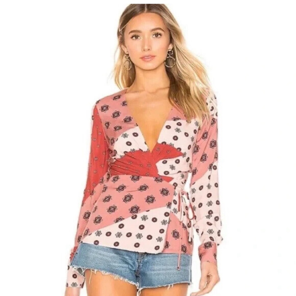 House of Harlow 1960 Pink and Red Floral Patchwork V-Neck Wrap Sweater